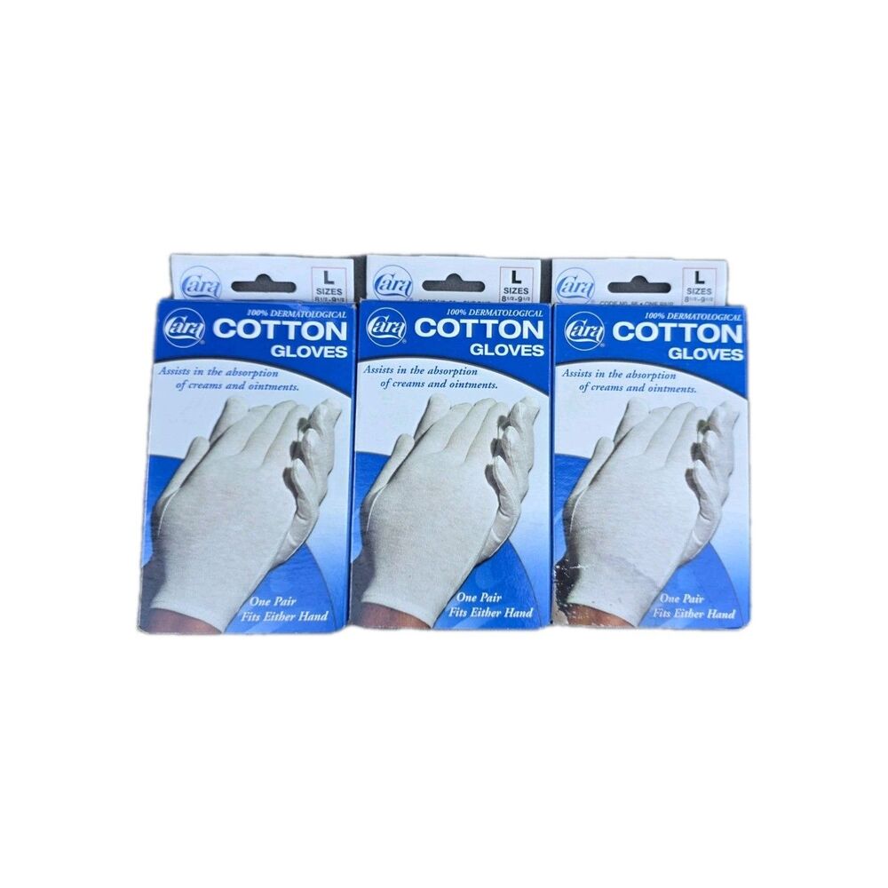 (3) Cara 100% Dermatological Cotton Gloves Fits Either Hands L Sizes One Pair X3